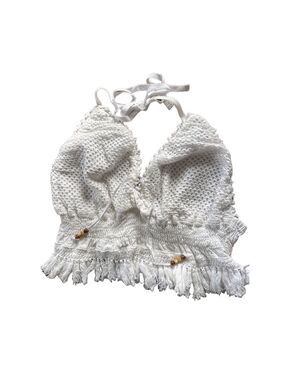 Women's Cotton Collection White Crochet Halter Crop Top L Y2K Cottage Core